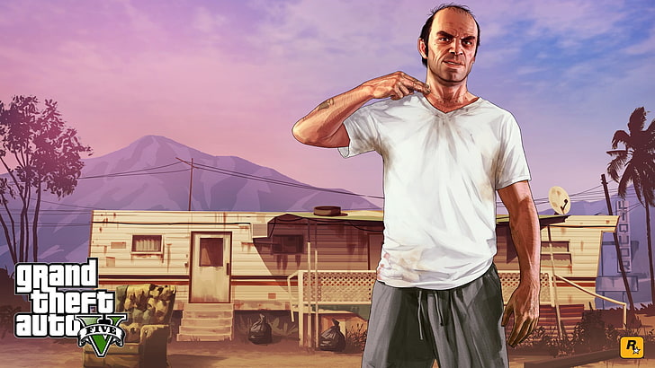 Close-up portrait of GTA 5 Trevor Philips, a middle-aged man with a shaved head and a menacing expression.